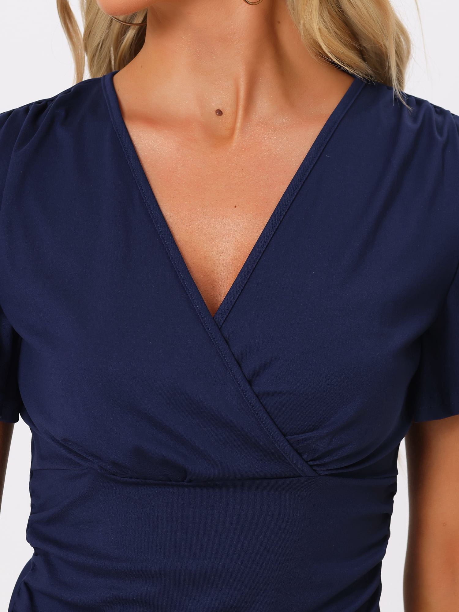DARING DIVA Women's Stylish V Neck Cinched Waist Ruffle Sleeve Blouse M Dark Blue