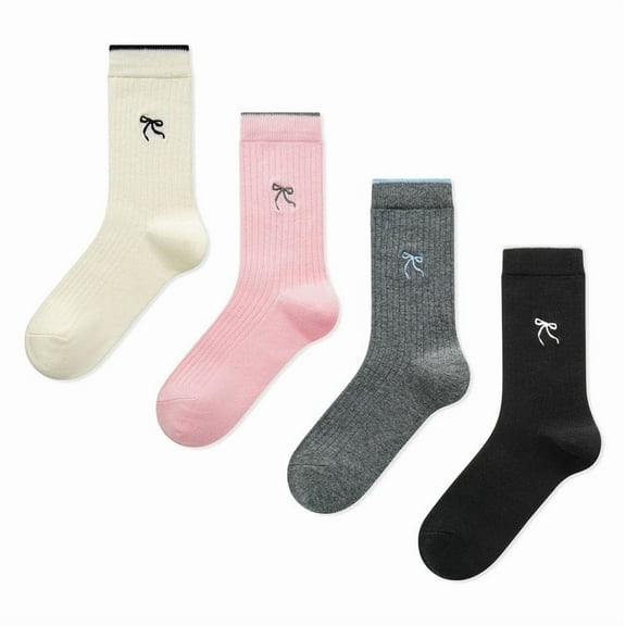 Gaoso Women's Ankle Socks 4 Pairs Cute Embroidered Bow Socks Fashion Patterned (Black/Gray/White/Pink)