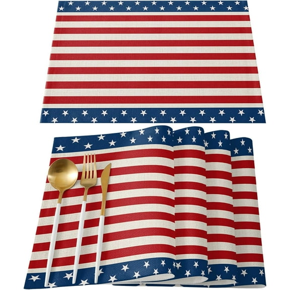 July 4th Placemats Set of 6-Patriotic Stripes and Stars Heat Resistant Placemat Washable Cotton Linen Table Mats Memorial Day Independence Day Party Summer Holiday Decorations for Kitchen Dining Table