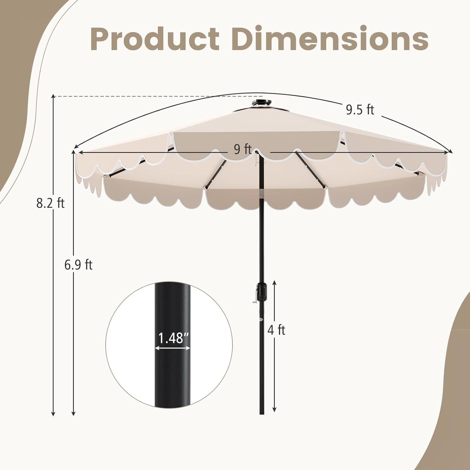 ZYPPP  9 FT Solar Patio Umbrella, 2-Tiers Scalloped Outdoor Table Market Umbrella with 32 LED Lights, Vented Top, Tilt Adjustment, Crank, 8 Ribs for Backyard Poolside Deck Beach Lawn (Beige)