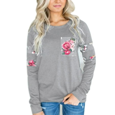 Adapter Womens Long Sleeve - Casual Women T Shirts Blouse Long Sleeve Round Neck Shirt Women's Clothing Floral Printed Pocket