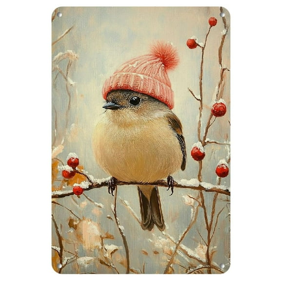 1pc Vintage Bird in Winter Hat Metal Tin Sign, 8x12 Inch Cast Iron Wall Art, Rustic Home, Bar, Cafe, Garage Decor, Easy to Hang, No Electricity Needed, Featherless Design