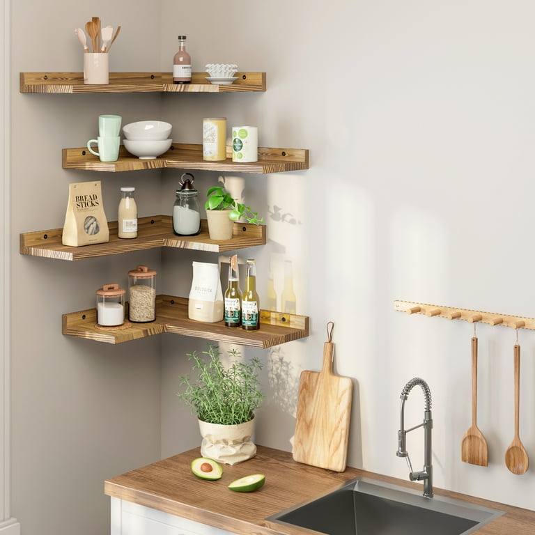 Eostbe 4 Tier Floating Corner Shelves Set of 4 Rustic Pine Wood Floating Corner Wall Shelf for Wall Decor Storage L Shaped Corner Shelf Wall Mount for