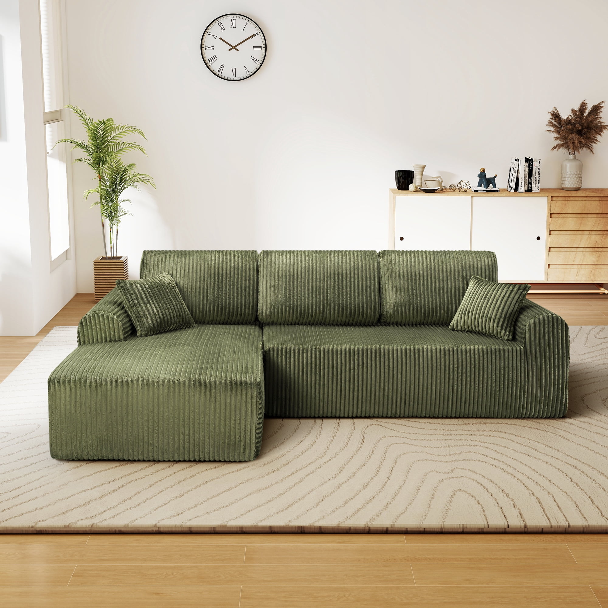 Aukfa 109" Modular Cloud Sectional Sofa with L-Shape Chaise, Corduroy Upholstered Deep Seat Couch, Left Facing Chaise, No Assembly Boneless Sofa for Living Room/Bedroom/Apartment, Green