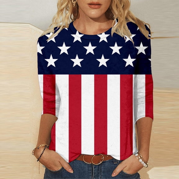 Conairie Patriotic T Shirts For Women Crew Neck Loose 3/4 Sleeve 4th of July Shirt With Flag Stars Stripes Basic Blouses Vacation Clothes Red L