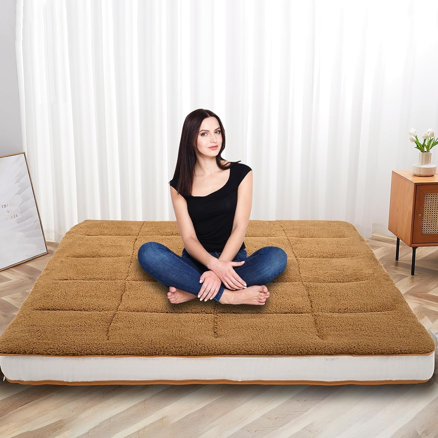 Slsy Japanese Floor Mattress for Adults, 4" Thick Sherpa Fleece Futon Mattress, Roll Up Sleeping Pads, Reversible and Portable Folding Foam Floor Bed Tatami Mat