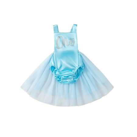 

Calsunbaby Newborn Baby Girls Dress Romper One Letter Printed Mesh Skirt Sleeveless Button One Piece Sunsuit Blue 12-18 Months