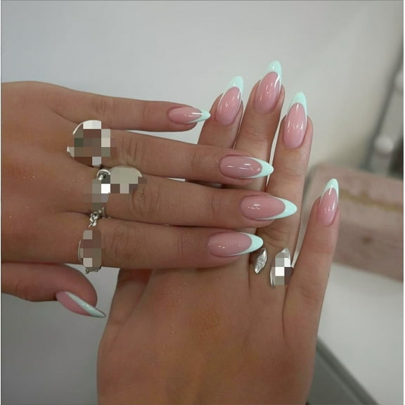 YTTAL Summer Press on Nails Medium Square Fake Nails Acrylic Nails Glossy Glue on Nails Squoval Artificial Nails French Tip Stick on False Nails 24 pcs