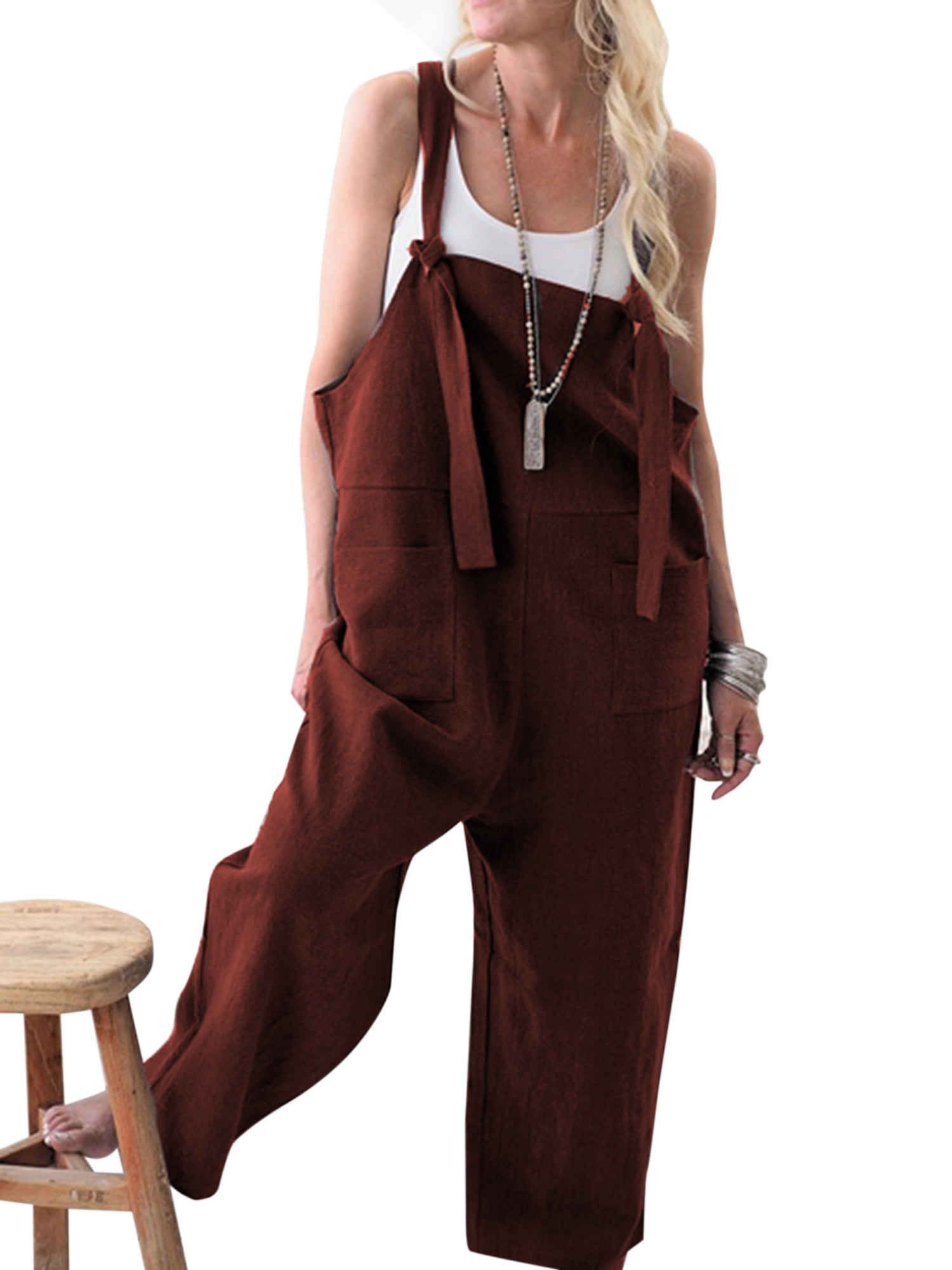 Women Loose Cotton Linen Jumpsuit 