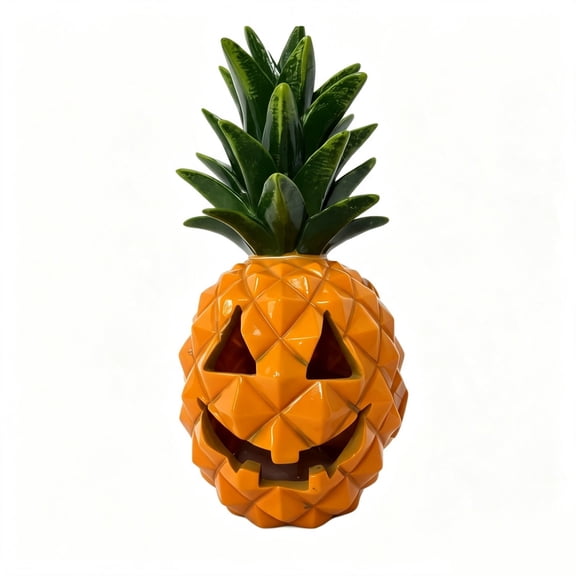 Halloween Pineapple Pumpkin Decoration - 1-Piece LED Light Up Resin Ornament - Battery Operated Glowing Centerpiece - Spooky Summer Theme for Home Tabletop Shelf Party Decor