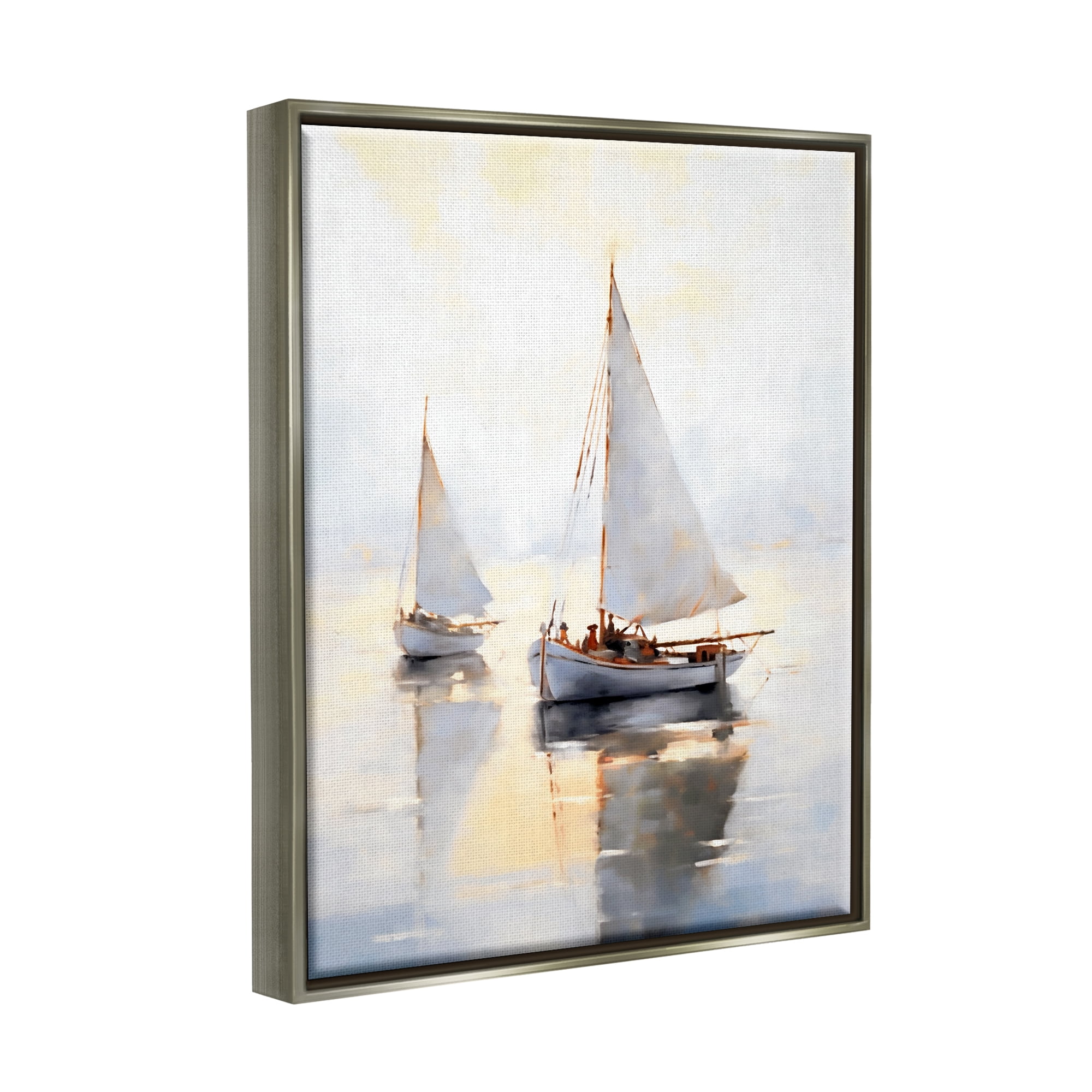 Stupell Industries Soft Sailboats Landscape Transportation Painting Gray Floater Framed Canvas Art Print Wall Art, 17 x 21