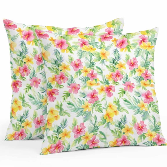 Outdoor Waterproof Pillow Covers Pack of 2, Summer Watercolor Pink Yellow Flowers Decorative Throw Pillowcases Cushion Covers for Garden Patio Tent Sofa Couch, 24x24 inch