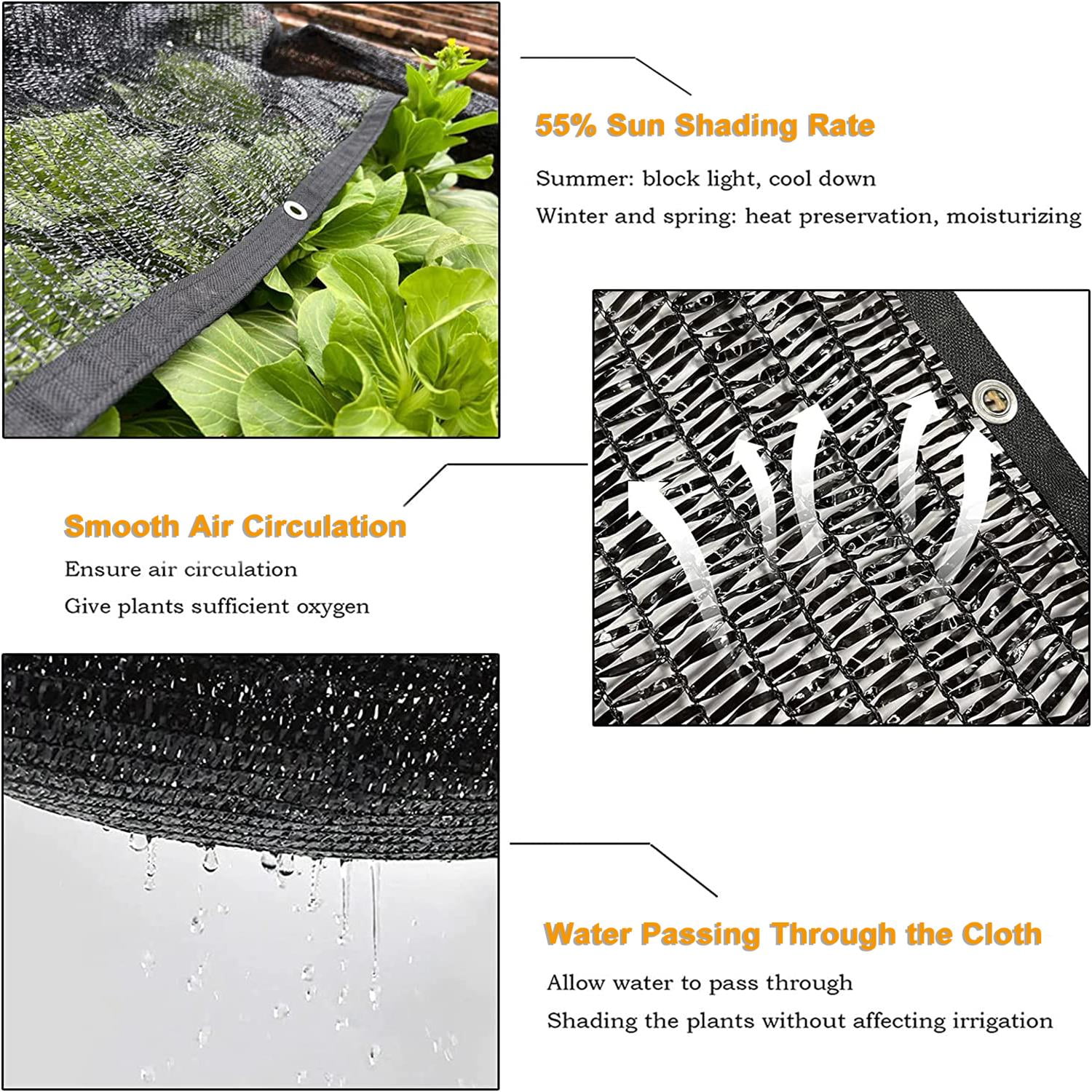 LOVE STORY 55% Sun Shade Cloth 6/6.5/8/10/12/16.5/20FT Black Sunblock Net Shading Mesh with Grommets for Greenhouse Garden Patio, 8'x10'