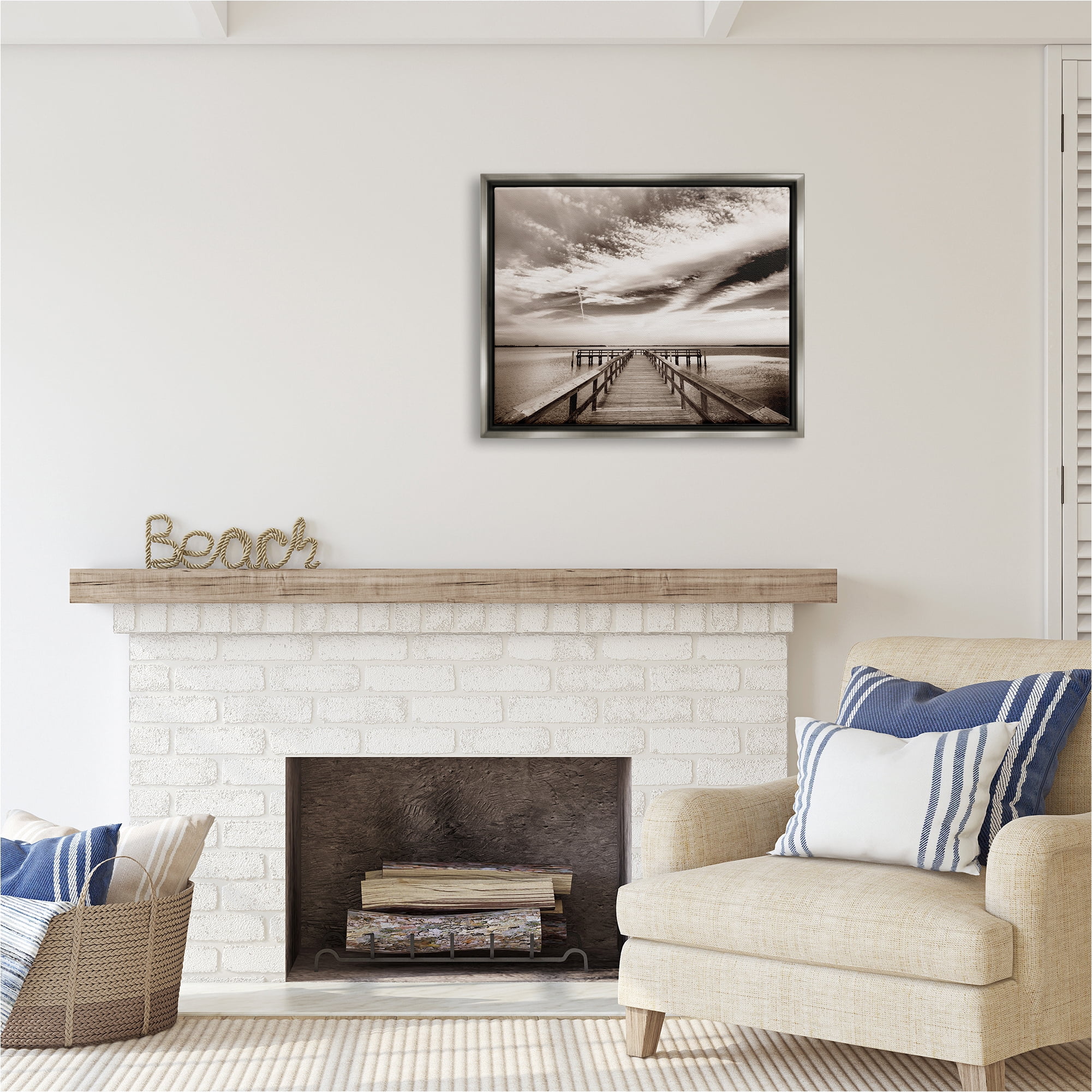 Stupell Industries Dock with Cloudy Sky Landscape Photography Gray Floater Framed Canvas Art Print Wall Art, 31 x 25