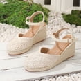 thumbnail image 2 of Rokment Handmade Rope Flower Espadrilles Platform Wedges Dress Sandals for Women Bride Wedding Vintage Boho Beach Crochet Closed Toe Chunky High Heels Dressy Summer Shoes Beige Size 6, 2 of 5