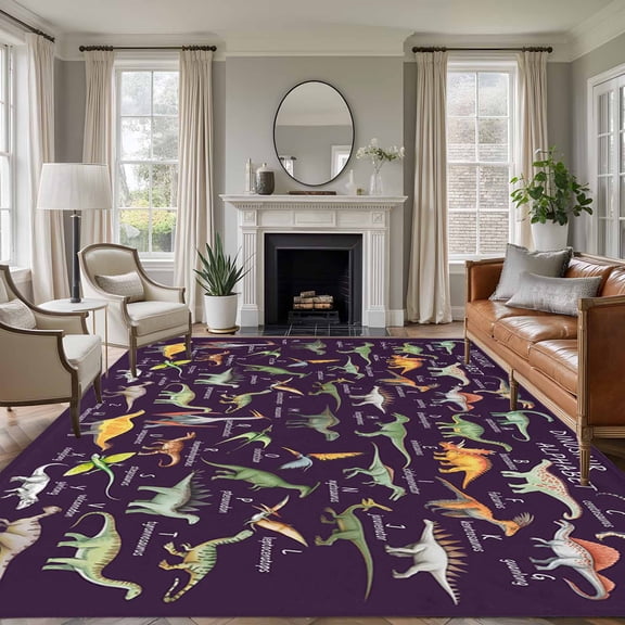 Large Area Rugs for Living Room Bedroom, Purple Dinosaur 5'x8' Rug Washable Carpet Runner Indoor Outdoor, Vintage Letters Farm Animals Non Slip Floor Mats Rug for Kitchen, Bathroom
