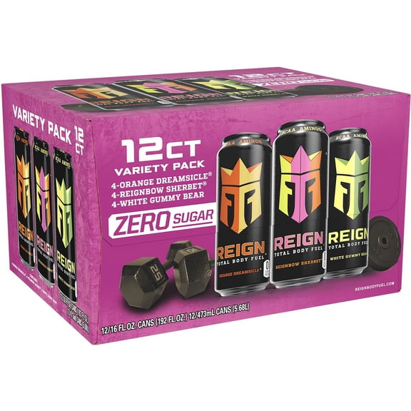 Total Body Fuel Variety Pack, Reign Orange Dreamsicle, Reign Reignbow Sherbet, Reign White Gummy Bear, Fitness & Performance Drink, 16 Fl Oz (Pack of 12)