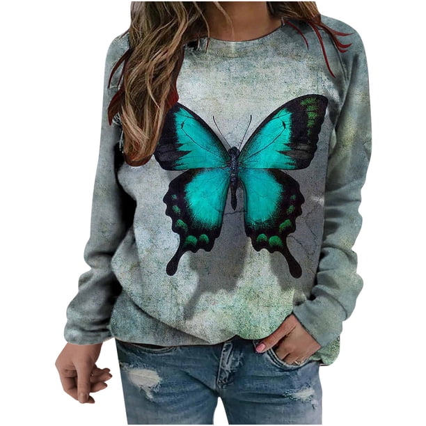 Camisas informales de manga larga para mujer, sudadera de cuello redondo con estampado de mariposa, jersey de cuello redondo, túnica holgada con estampado de puesta de sol Pompotops gfhjh19782