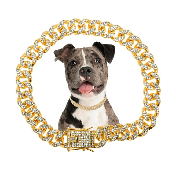 Unique Bargains Dog Chain Durable Rhinestone Dog Necklace Cuban Link Dog Collar Pet Dog Collar Jewelry Accessories 16" Gold Tone
