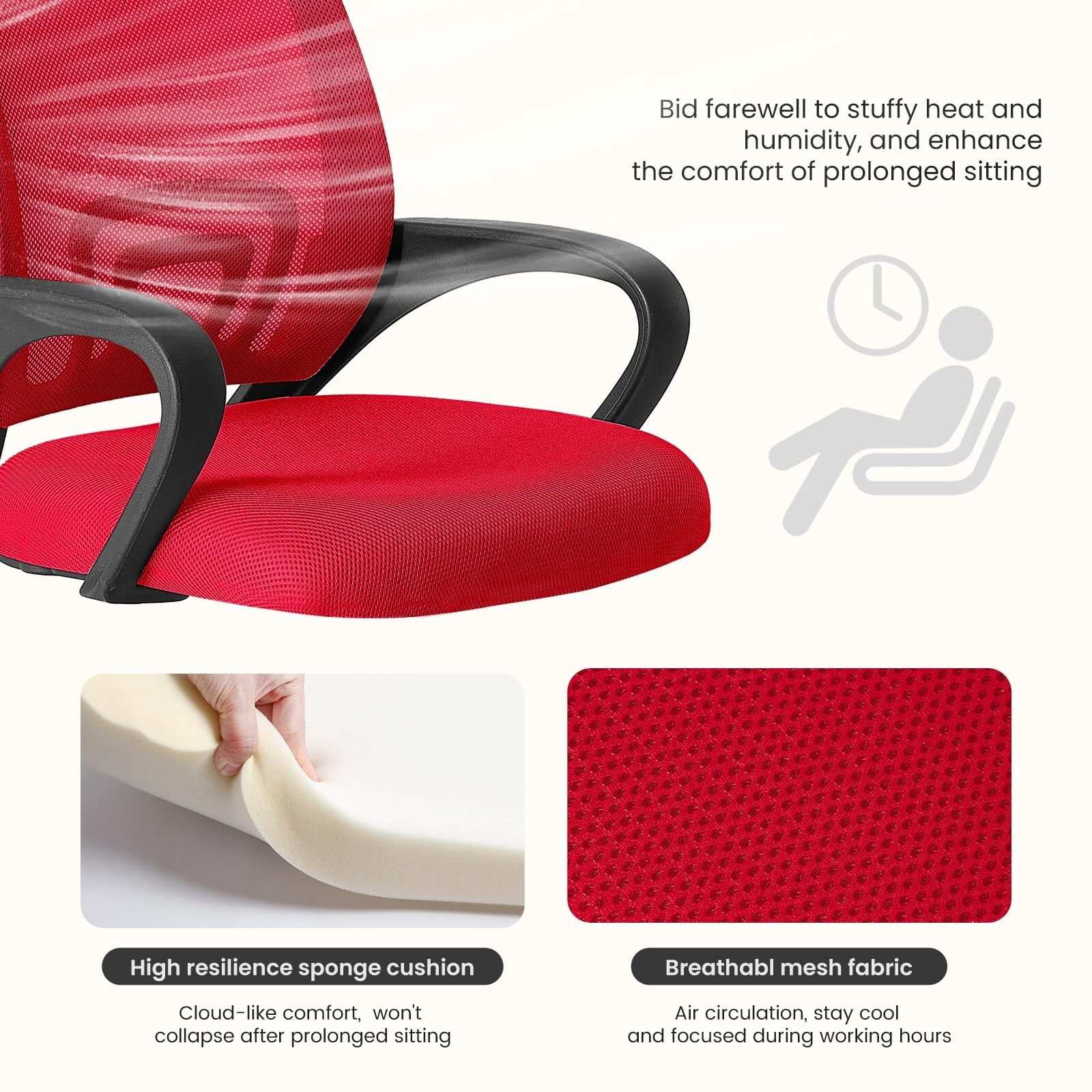 Kelno Mid-Back Mesh Office Chair 250lb Capacity Ergonomic Desk Chair with Lumbar Support Adjustable Height Rocking Task Chair, Red