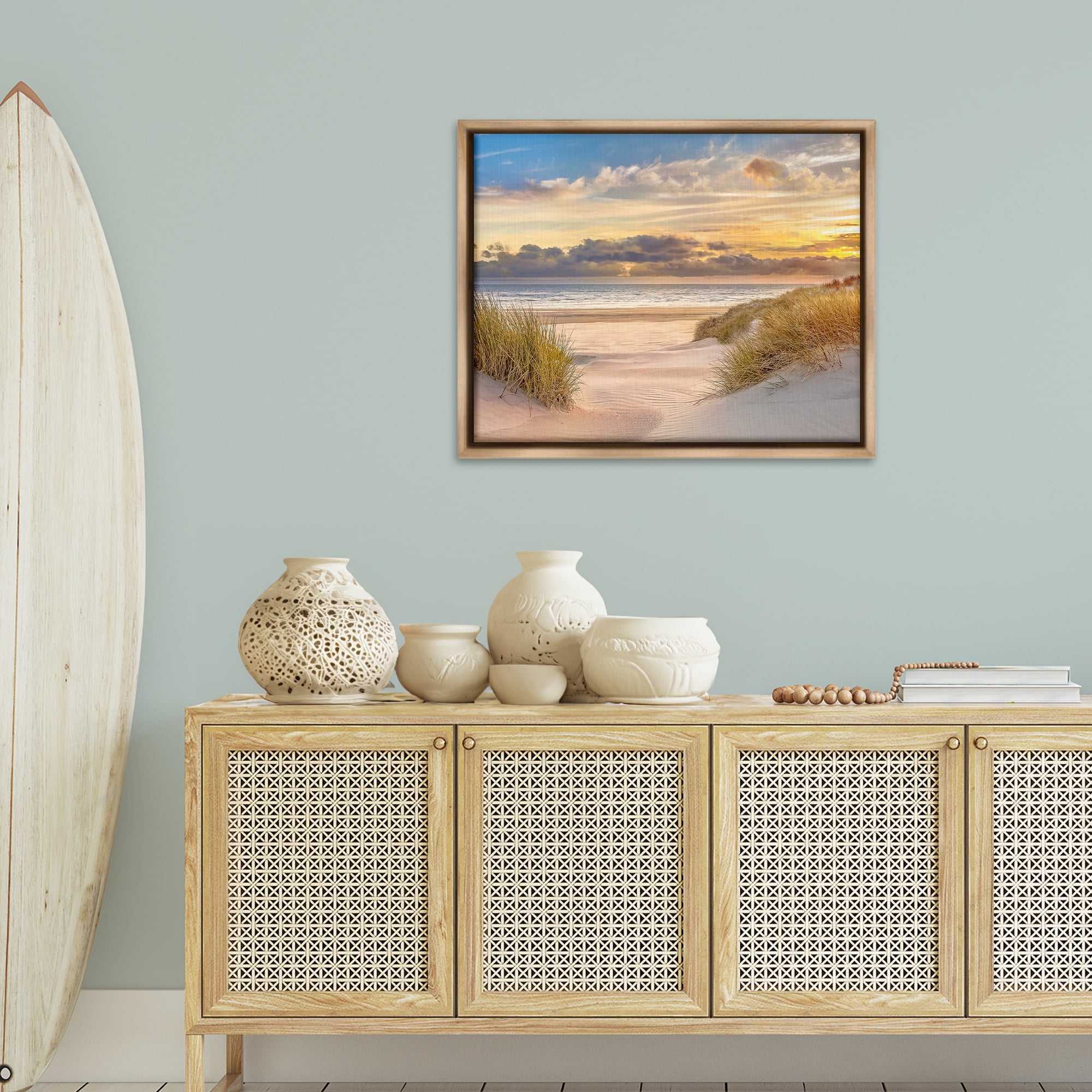 Stupell Industries Serene Beach Between Dunes Landscape & Nature Photography Brown Floater Framed Canvas Art Print Wall Art, 25 x 31
