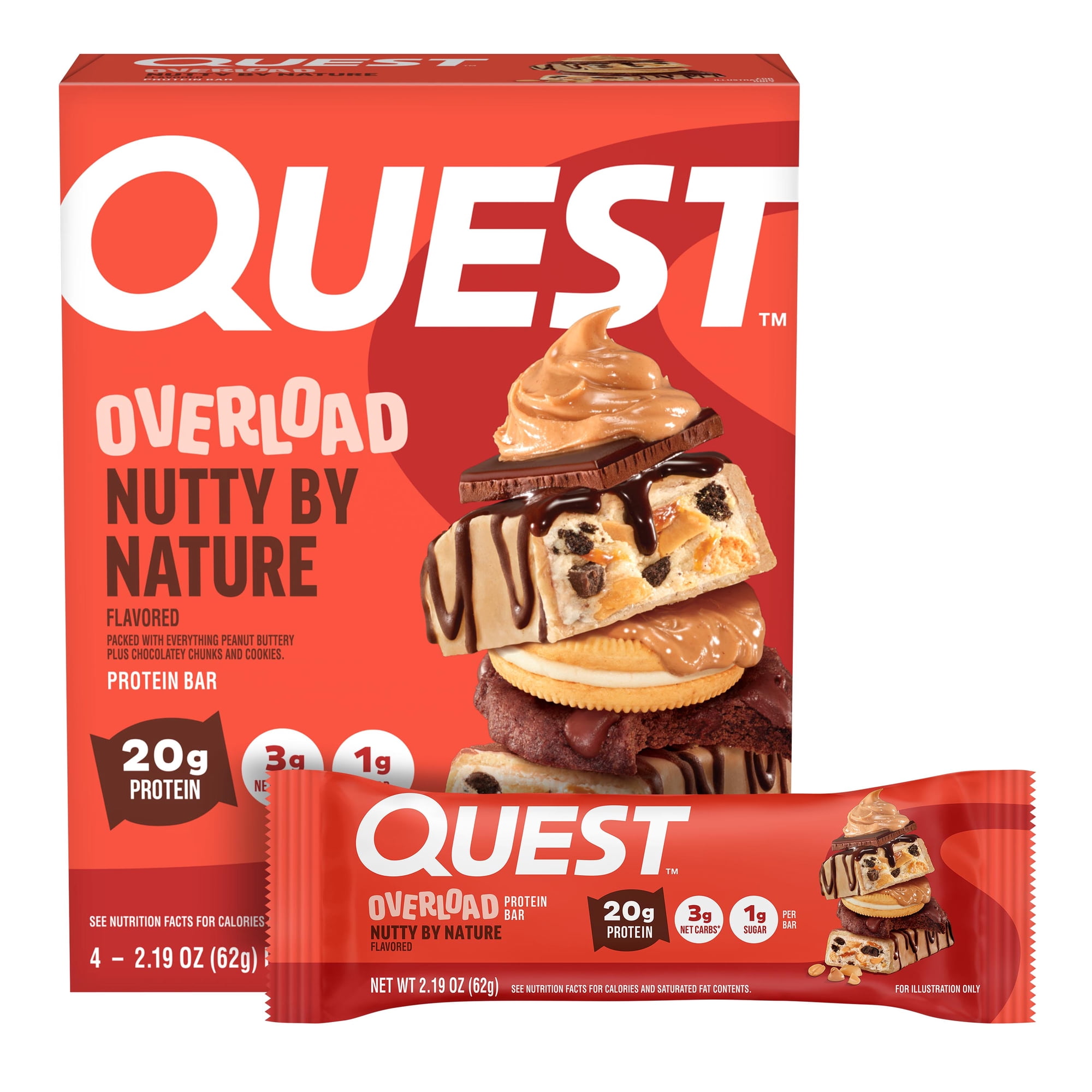 Quest Overload Protein Bars, Nutty by Nature Flavor, 20g of Protein, 4 Count