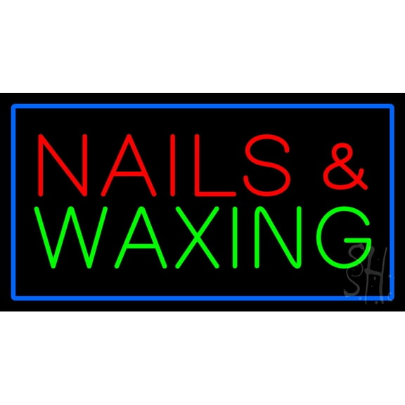 Red Nails and Waxing Green with Blue Border LED Neon Sign 13 x 24 - inches, Black Square Cut Acrylic Backing, with Dimmer - Bright and Premium built indoor LED Neon Sign for Spa decor and storefront.