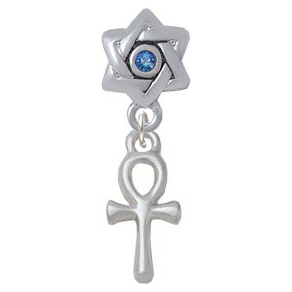 Small Ankh - Star of David with Blue Crystal Charm Bead