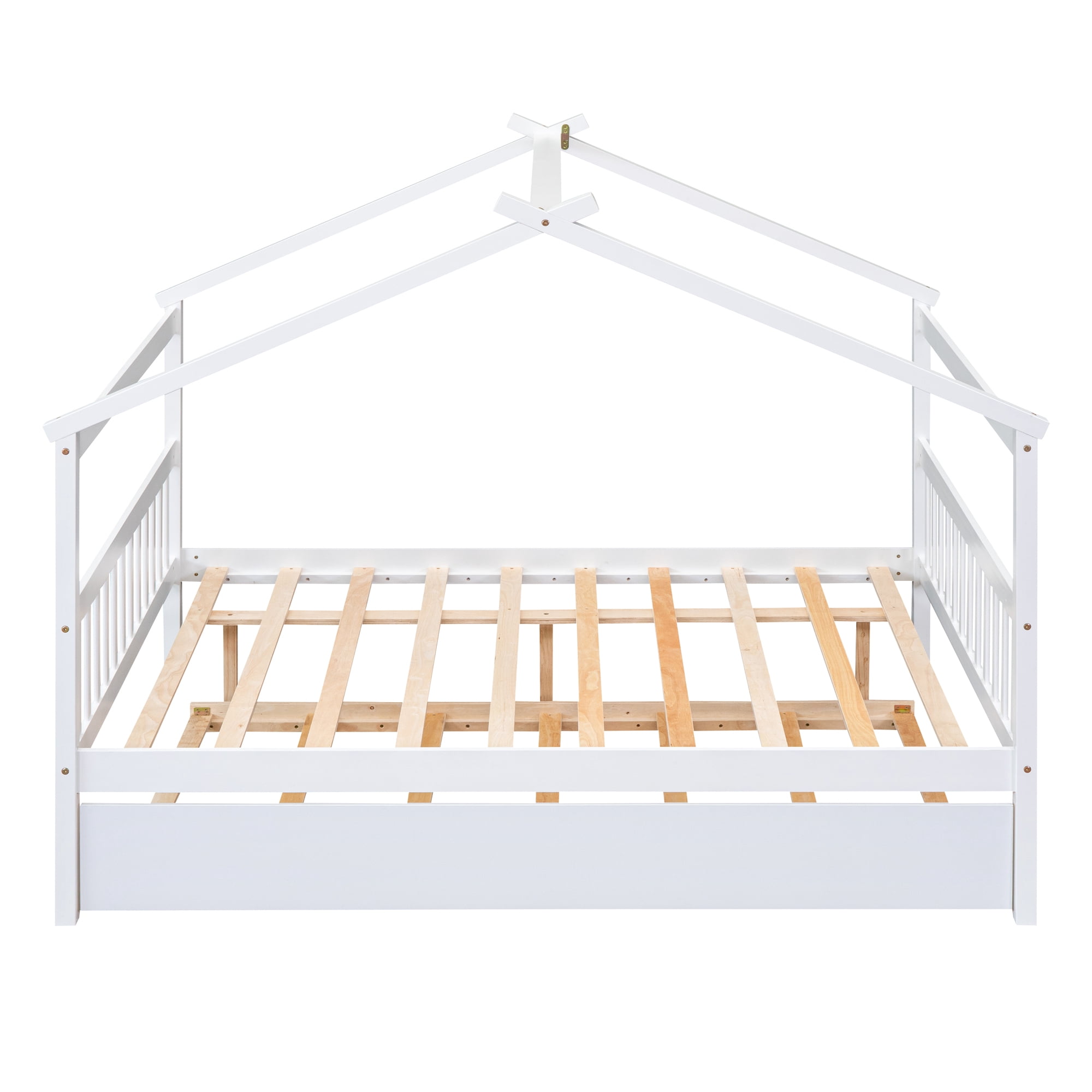 Bellemave Full Size House Bed with Trundle, Wood Platform Bed Frame with House Shape Roof for Teens (White)