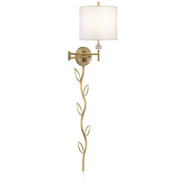 Possini Euro Design Modern Swing Arm Wall Lamp Polished Brass Plug In Light Fixture White Fabric Shade Bedroom House Living Room Com Possini Euro Design Modern Swing Arm, White Fabric Lamp Cord Cover