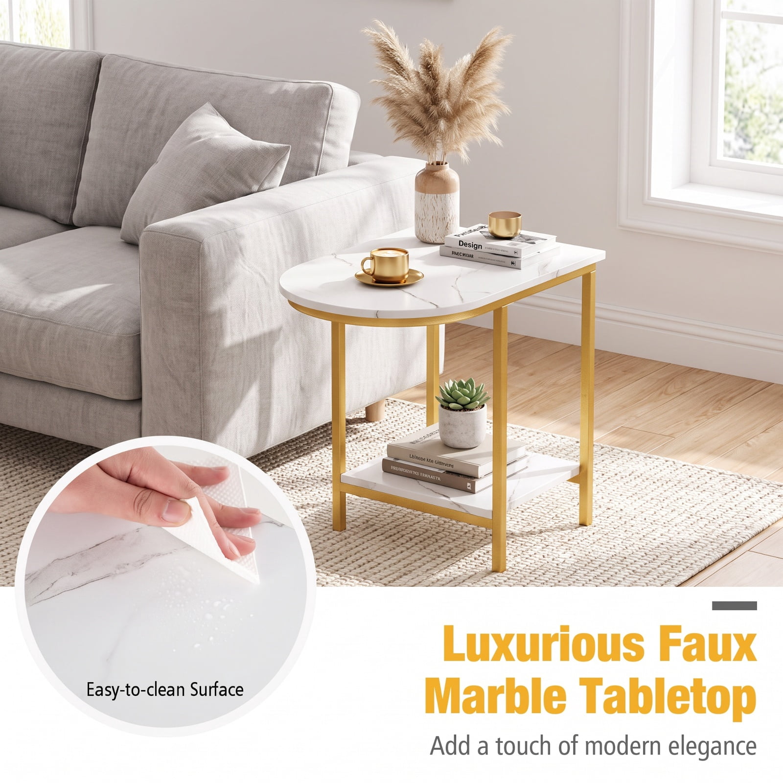 Furnibear C Shaped Modern Sofa Side Table with Faux Marble Tabletop and Two Tier Storage Shelf for Living Room Bedroom and Lounge, White