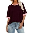 thumbnail image 5 of Women's Casual Loose Fit T-Shirt Contrast Trim Short Sleeve Summer Top Lightweight Comfy Tee Coffee XXL, 5 of 5