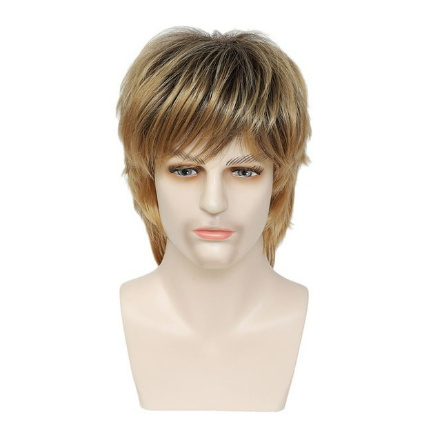 Peluca sintética corta rizada de 35 cm, marrón degradado, para hombre
