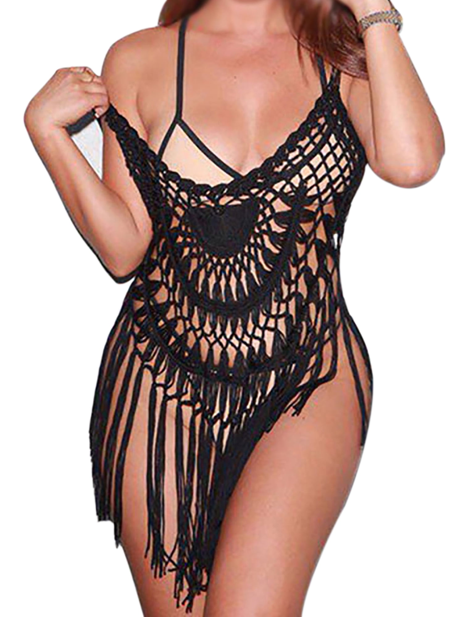 Swim Cover Ups Tops for Women Summer Lace Crochet Tassel Bikini Swimwear  Sleeveless Strap Beach Wear Dress Bathing Suit - Walmart.com