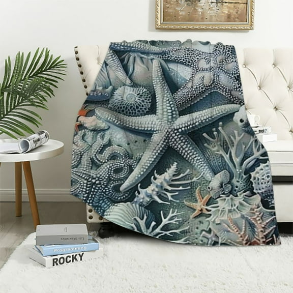 Shiartex  Abstract Nautical Coastal Throw Blanket,Watercolor Beach Ocean Theme Starfish Seashell Coral Lightweight Soft Blanket for Sofas,Couches,Beds,Camping,Travel White