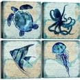 thumbnail image 1 of Beach Wall Art Bathroom Decor Dark Blue Ocean Animal Pictures Kitchen Painting Vintage Angelfish Sea Turtle Octopus Jellyfish Canvas Posters Kids Bedroom Wall Decor Home Decorations 16x16" 4 Pcs/Set, 1 of 6