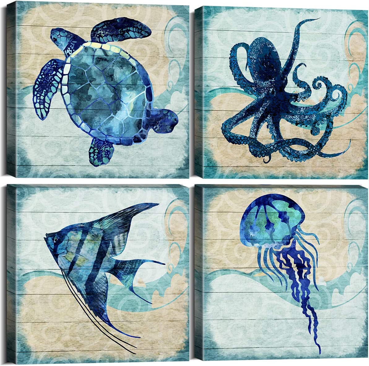 Beach Wall Art Bathroom Decor Dark Blue Ocean Animal Pictures Kitchen  Painting Vintage Angelfish Sea Turtle Octopus Jellyfish Canvas Posters Kids Bedroom  Wall Decor Home Decorations 16x16