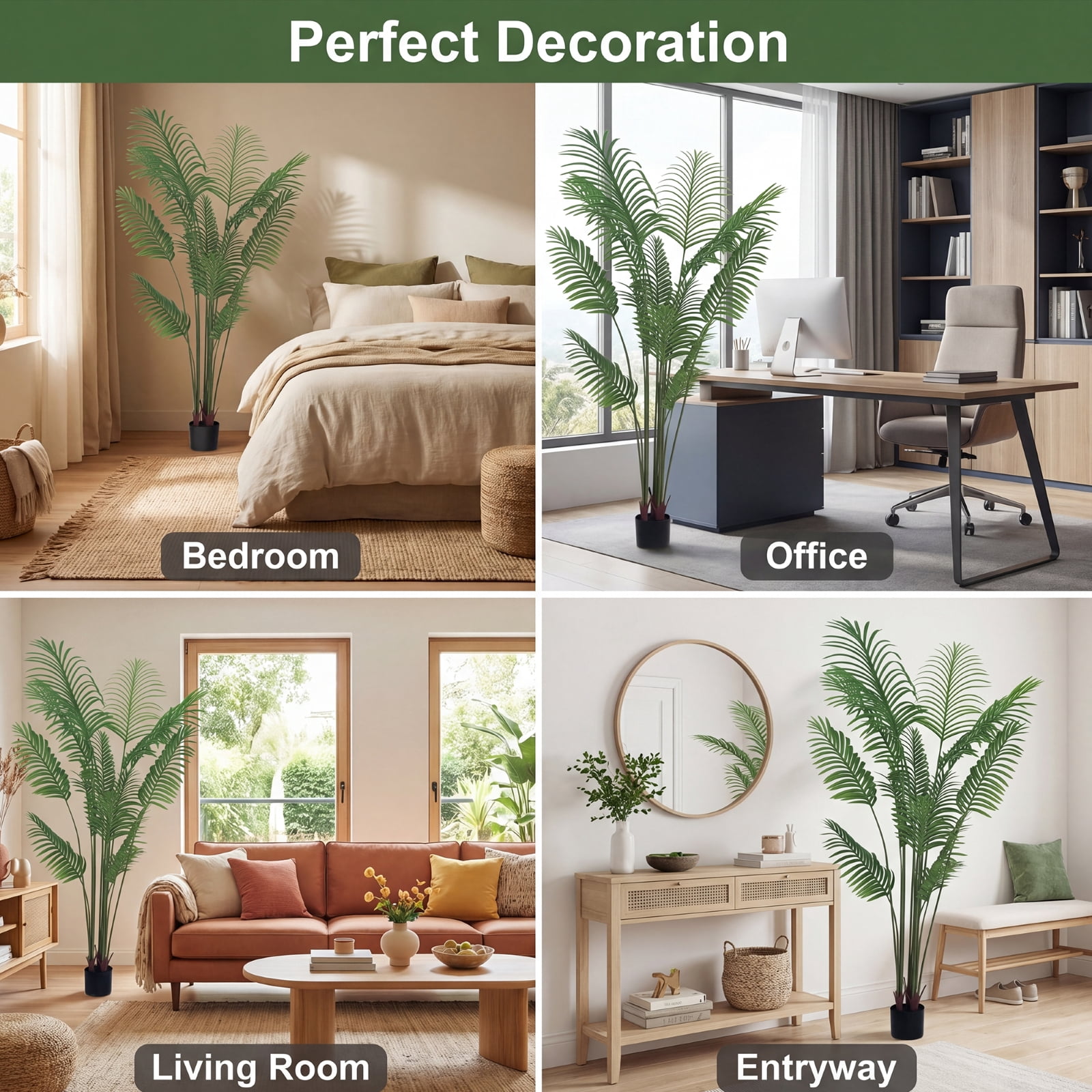 BEAUTYPEAK 6FT Artificial Palm Plants Fake Pre Potted Faux Green Tree Tall Fake House Plants Indoor Outdoor Floor Plant
