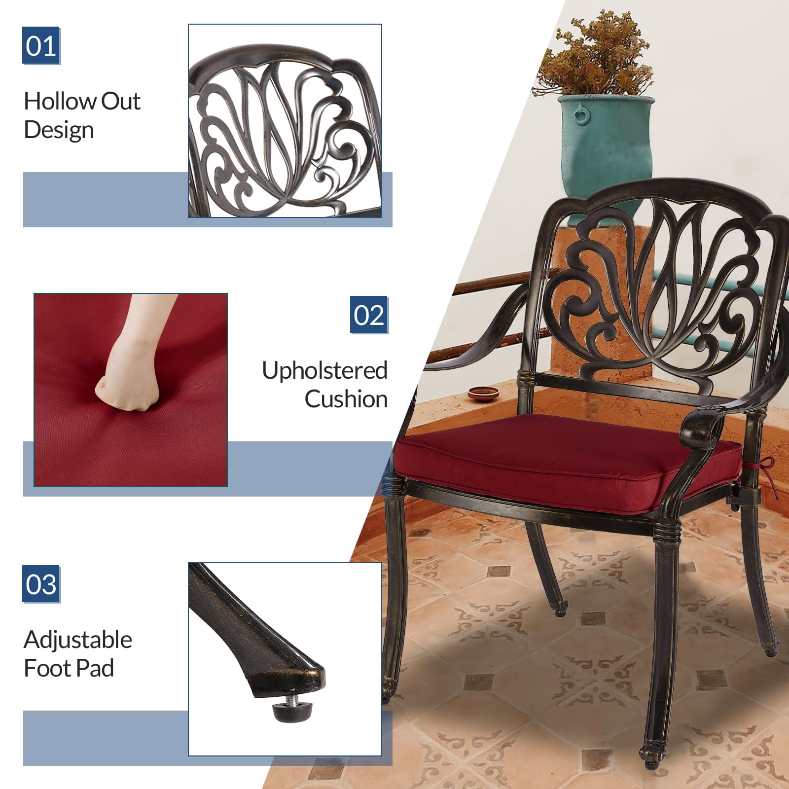 9-Piece Patio Cast Aluminum Dining Set, Outdoor Dining Furniture Set for 8 Person, Includes 84" Oval Table and 8 Cushioned Chairs with Umbrella Hole for Patio Deck Garden, Red