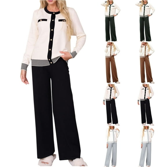 THDHVS 2 Piece Sets for Women,Womens Sets 2 Piece Outfits,Women's Lounge Sets 2 Piece Outfits Knit Pullover Sweater Tops Wide Leg Pants Casual Cardigan Two Piece Set Coffee Free Size