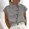 thumbnail image 2 of Womens Tops High Neck Cap Sleeve Cotton Linen Casual Blouse Spring Summer Shirts for Women Gray M, 2 of 5