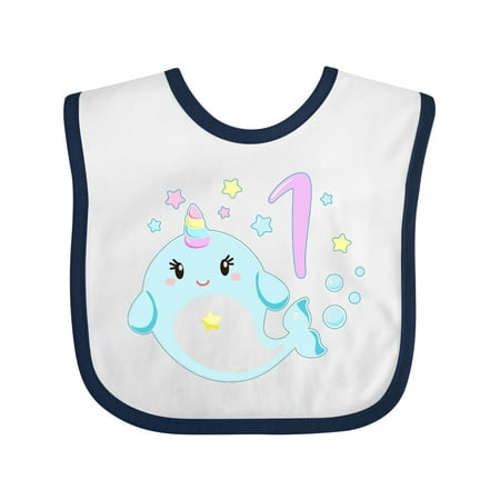 Inktastic Happy 1st Birthday with Cute Narwhal Stars and Bubbles Boys or Girls Baby Bib