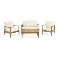 GDF Studio Emmry Outdoor Acacia Wood 4 Seater Chat Set with Coffee Table, Teak and Beige