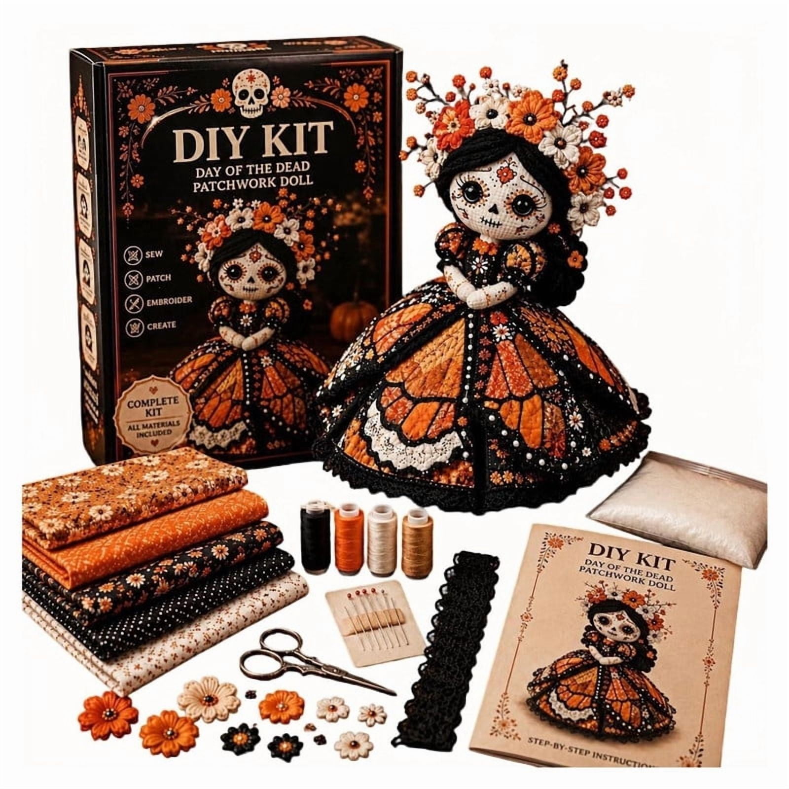 Patchwork Doll Diy Kit Manual Fabric Doll Sugar Skull Sewing Craft Kits for Fall Home Decor Handmade Giftfor Adults