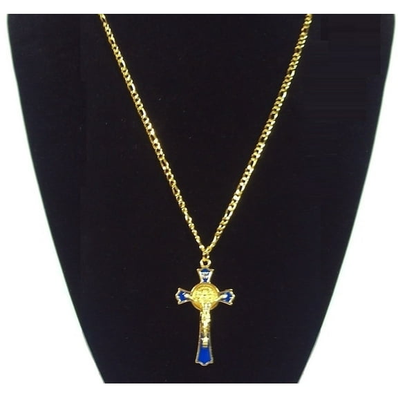 Prima Jewelries 18K Gold-Plated Golden Blue Enamel Prayer Cross 18-Inches Religious Crucifix Stainless Steel Pendant Chain Necklace Set Gift