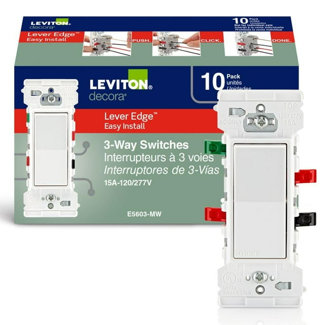 Interruptor basculante Leviton Lever Edge, 15 amperios, 3 vías, paquete de 10 unidades, blanco