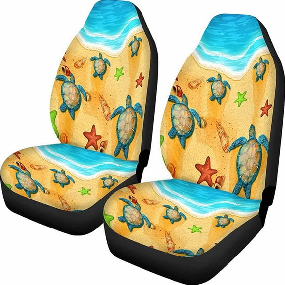 Cartoon Turtle with Beach Design Automotive Interior Accessories, 2 PCS Car Seat Covers Automotive 2pcs Bucket Seat Cover Washable
