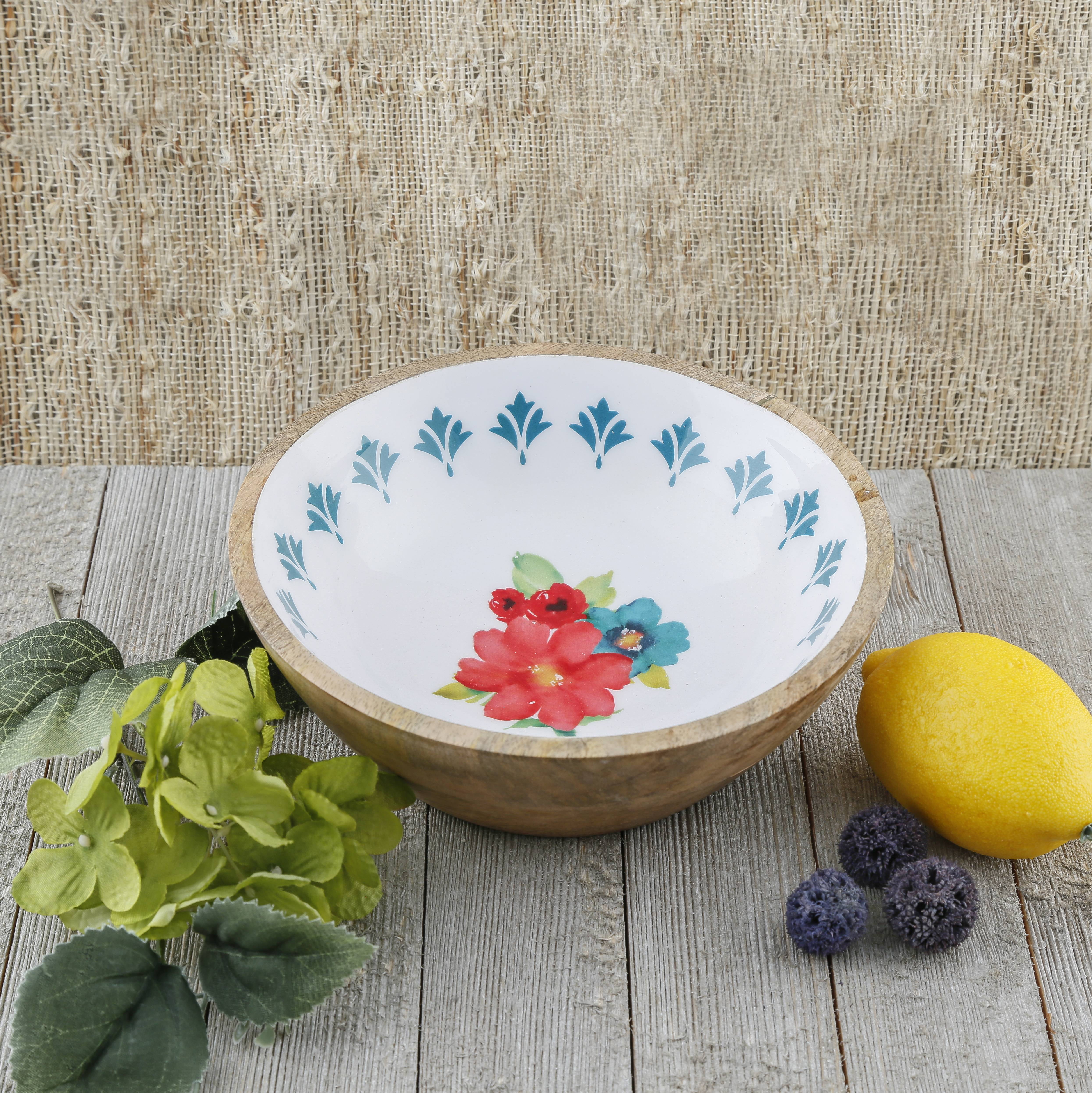 Pioneer Woman 7" Blue Border Breezy Blossoms Wood/Enamel Salad Bowl
