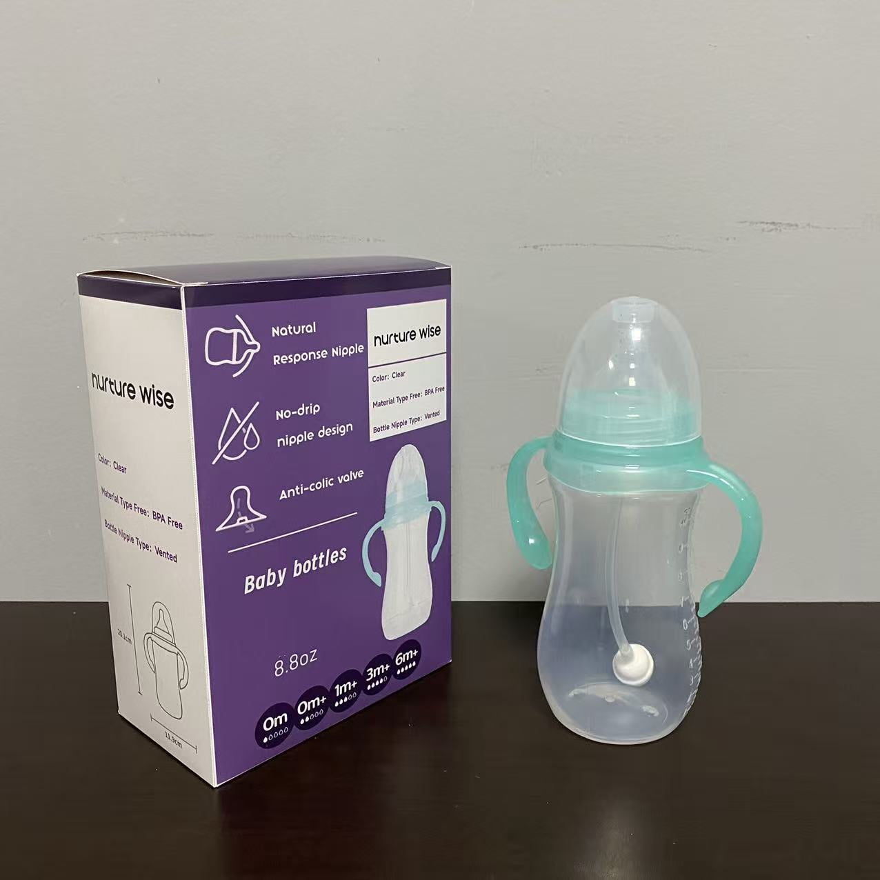 nurture wise Baby bottles,Bottle with Natural Response Nipple, Wide Neck  Bottles with Handle, Newborn Anti-Colic Baby Bottles Gift Set, Clear (8.8oz)