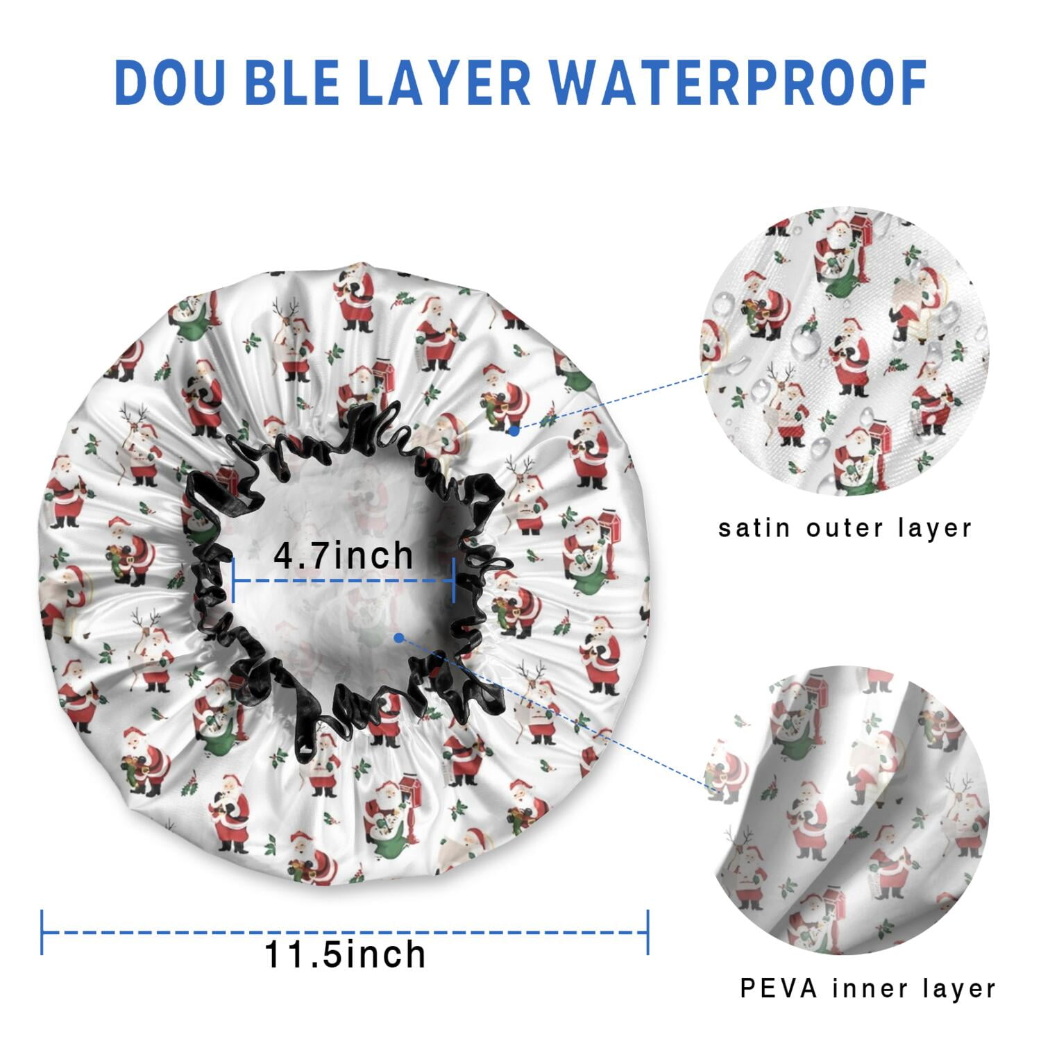 Shower Caps,White Christmas Santa Pattern Waterproof Shower Cap for Women 4 Pieces,Double Reusable Hair Cover for Shower PEVA Elastic Stretch Hem